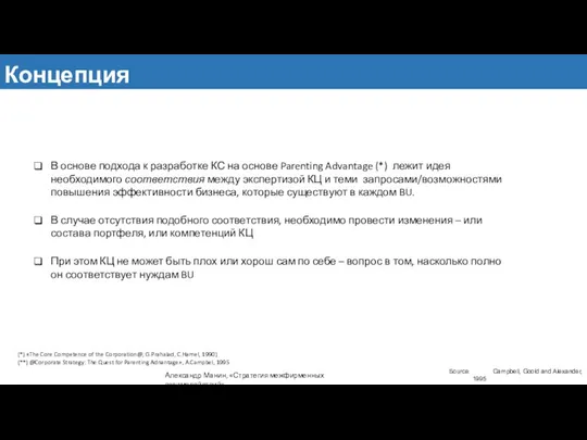 Концепция Александр Манин, «Стратегия межфирменных взаимодействий» В основе подхода к разработке