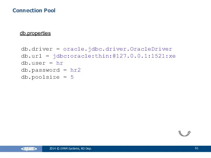 Connection Pool 2014 © EPAM Systems, RD Dep. db.driver = oracle.jdbc.driver.OracleDriver