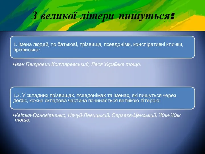 З великої літери пишуться: 1. Імена людей, по батькові, прізвища, псевдоніми,