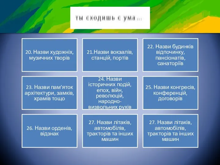 20. Назви художніх, музичних творів 21.Назви вокзалів, станцій, портів 22. Назви