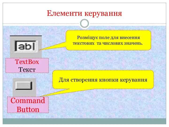 Елементи керування Розміщує поле для внесення текстових та числових значень.. Для