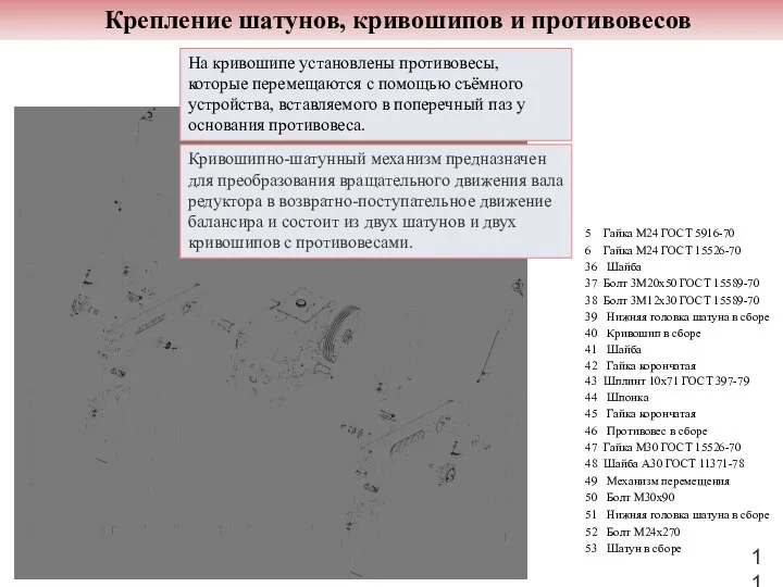 Крепление шатунов, кривошипов и противовесов На кривошипе установлены противовесы, которые перемещаются