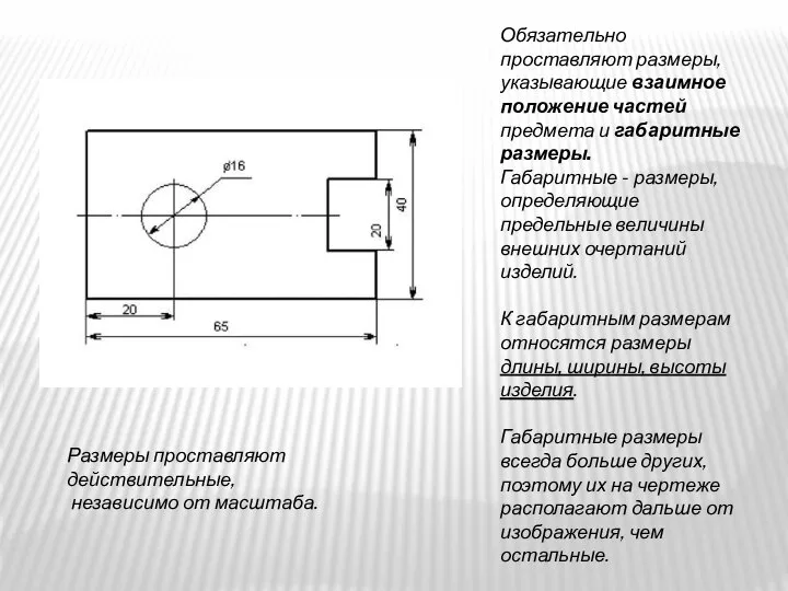 Размеры проставляют действительные, независимо от масштаба. Обязательно проставляют размеры, указывающие взаимное