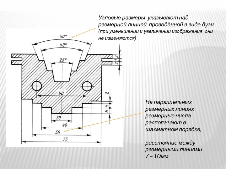 На параллельных размерных линиях размерные числа располагают в шахматном порядке, расстояние