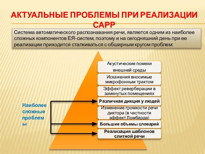 АКТУАЛЬНЫЕ ПРОБЛЕМЫ ПРИ РЕАЛИЗАЦИИ САРР Система автоматического распознавания речи, является одним