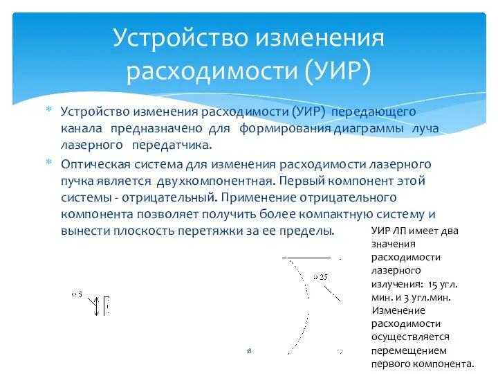 Устройство изменения расходимости (УИР) передающего канала предназначено для формирования диаграммы луча