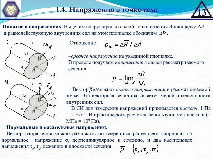 1.4. Напряжения в точке тела Понятие о напряжениях. Выделим вокруг произвольной