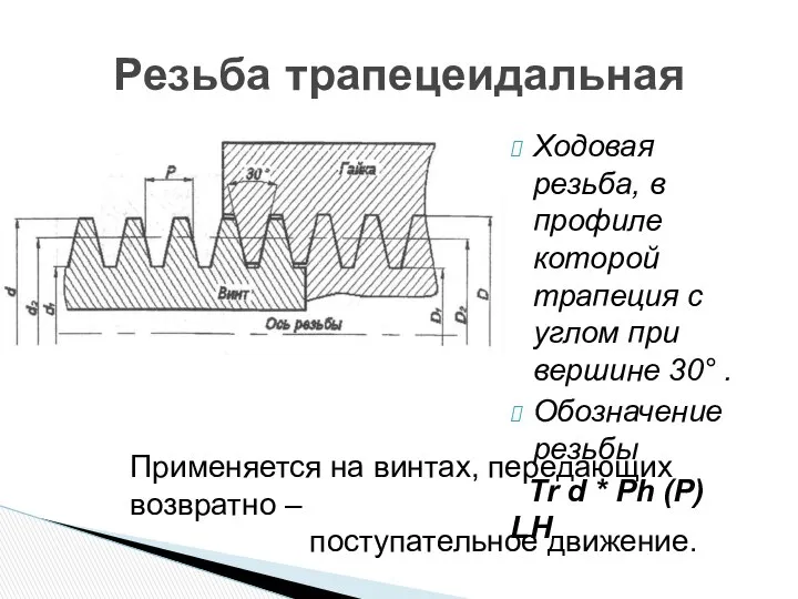 Ходовая резьба, в профиле которой трапеция с углом при вершине 30°