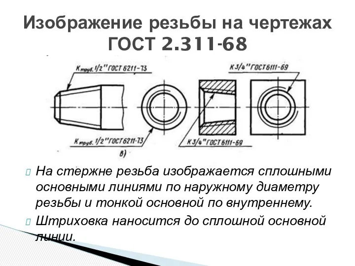 На стержне резьба изображается сплошными основными линиями по наружному диаметру резьбы