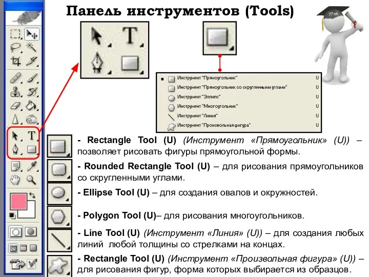 Панель инструментов (Tools) - Rectangle Tool (U) (Инструмент «Прямоугольник» (U)) –