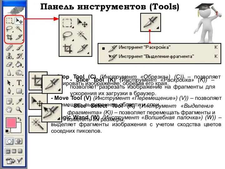 Панель инструментов (Tools) - Crop Tool (C) (Инструмент «Обрезка») (С)) –