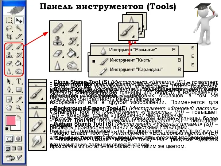 Панель инструментов (Tools) - Clone Stamp Tool (S) (Инструмент «Штамп» (S))