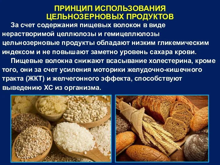 ПРИНЦИП ИСПОЛЬЗОВАНИЯ ЦЕЛЬНОЗЕРНОВЫХ ПРОДУКТОВ За счет содержания пищевых волокон в виде