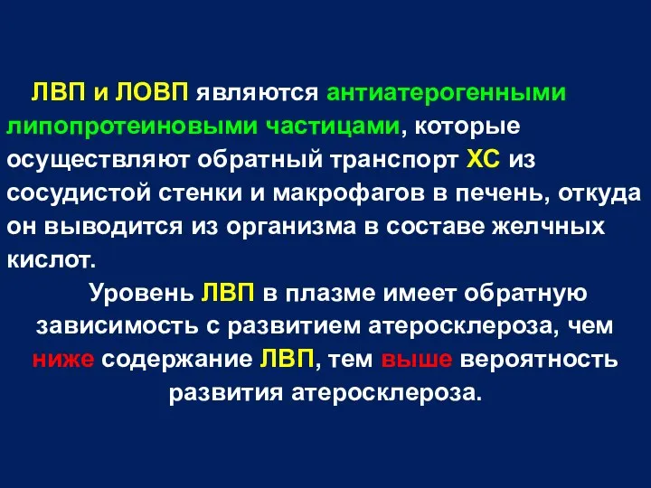 ЛВП и ЛОВП являются антиатерогенными липопротеиновыми частицами, которые осуществляют обратный транспорт