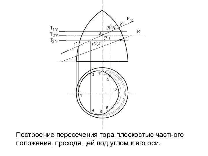 Построение пересечения тора плоскостью частного положения, проходящей под углом к его оси.