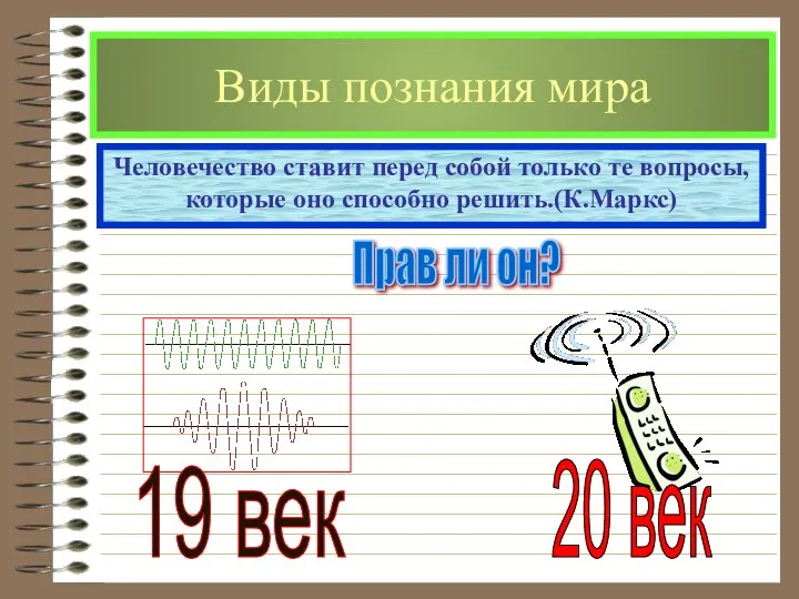 Виды познания мира Человечество ставит перед собой только те вопросы, которые