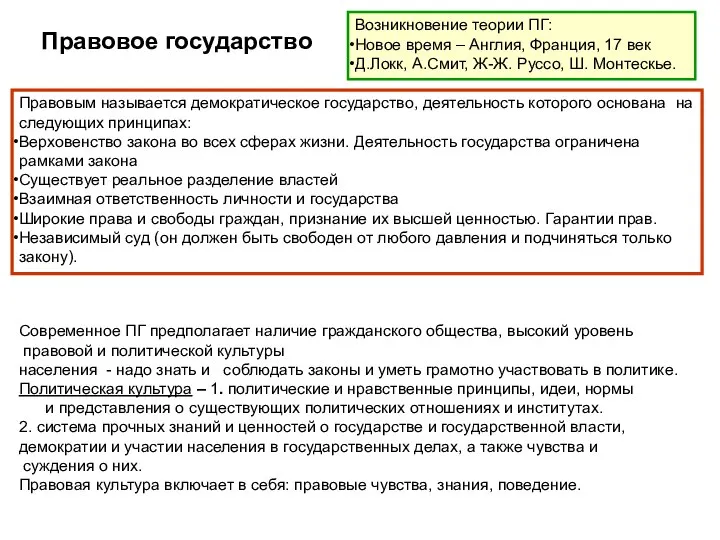 Правовое государство Правовым называется демократическое государство, деятельность которого основана на следующих