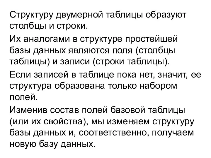 Структуру двумерной таблицы образуют столбцы и строки. Их аналогами в структуре