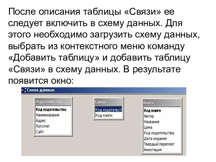 После описания таблицы «Связи» ее следует включить в схему данных. Для