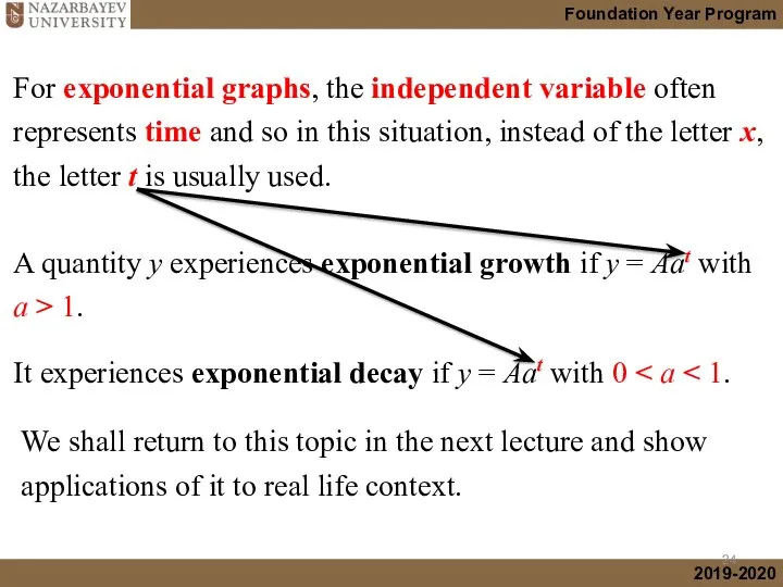 For exponential graphs, the independent variable often represents time and so