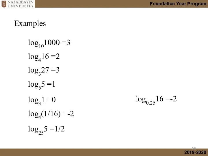 Examples log101000 =3 log416 =2 log327 =3 log55 =1 log31 =0