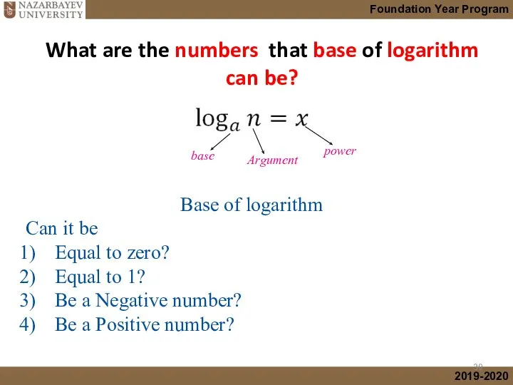 What are the numbers that base of logarithm can be? Base