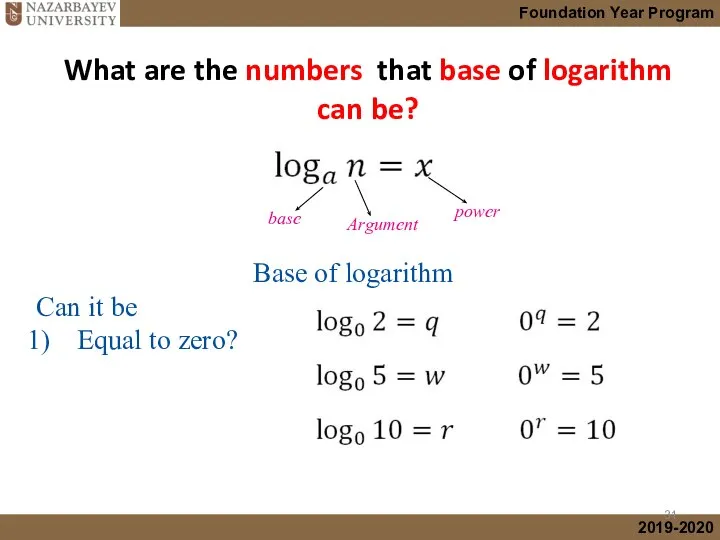 What are the numbers that base of logarithm can be? Base