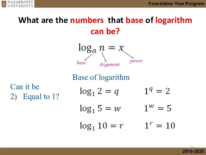 What are the numbers that base of logarithm can be? Base