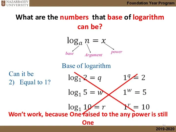 What are the numbers that base of logarithm can be? Base