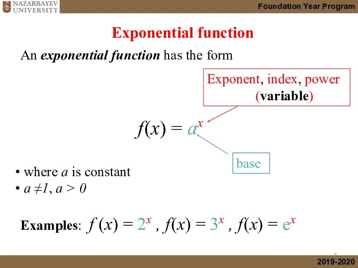 An exponential function has the form where a is constant a