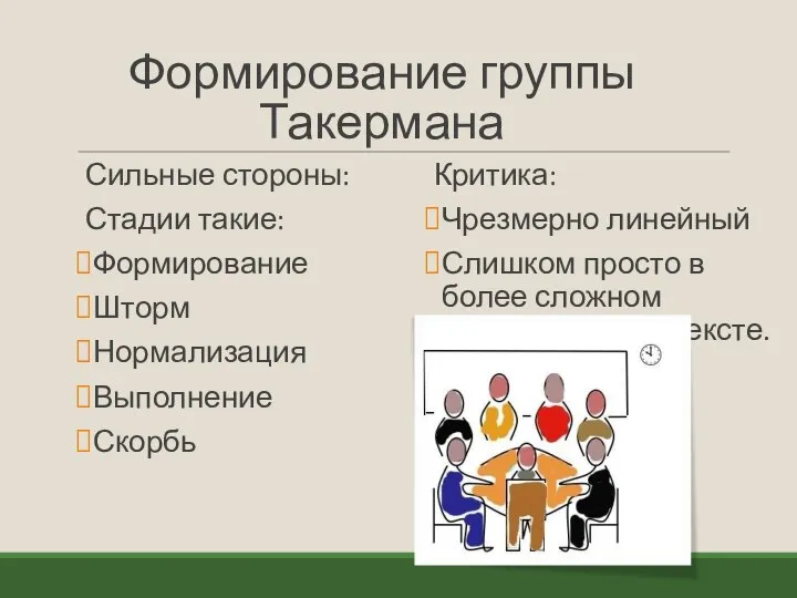 Формирование группы Такермана Сильные стороны: Стадии такие: Формирование Шторм Нормализация Выполнение