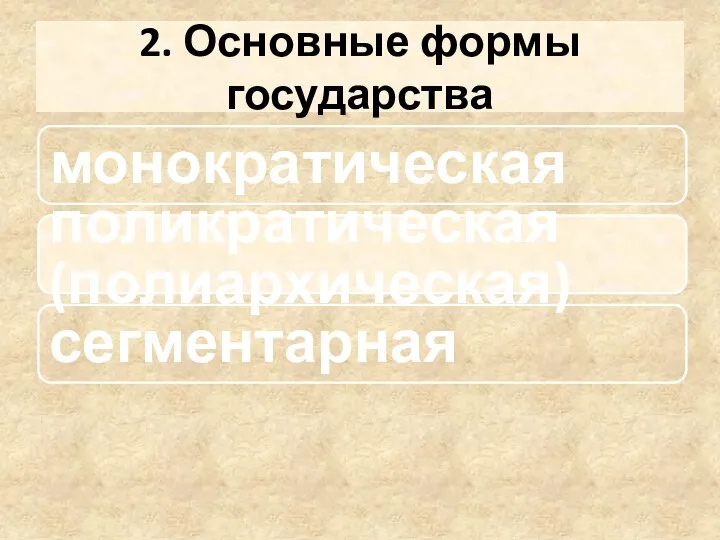 2. Основные формы государства монократическая поликратическая (полиархическая) сегментарная