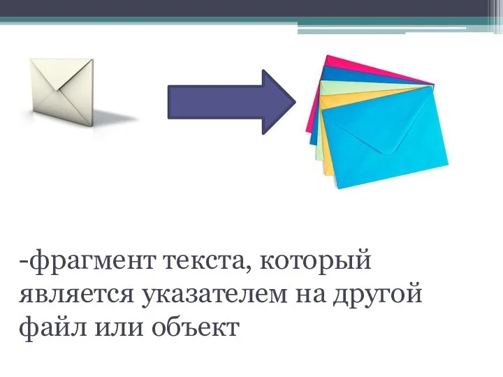 Гиперссылка -фрагмент текста, который является указателем на другой файл или объект