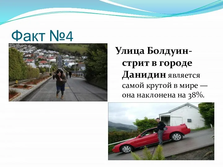 Факт №4 Улица Болдуин-стрит в городе Данидин является самой крутой в