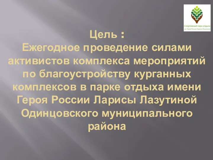 Цель : Ежегодное проведение силами активистов комплекса мероприятий по благоустройству курганных