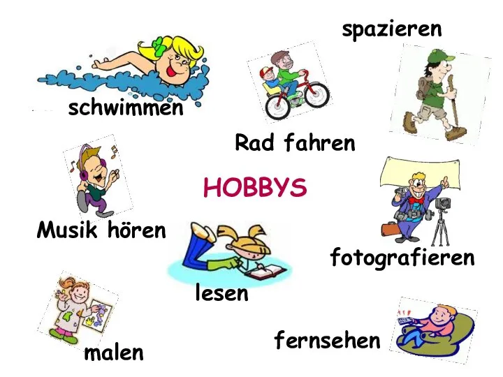 HOBBYS schwimmen Rad fahren spazieren fotografieren fernsehen malen lesen Musik hören