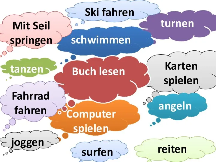 turnen Karten spielen schwimmen Computer spielen Ski fahren Mit Seil springen