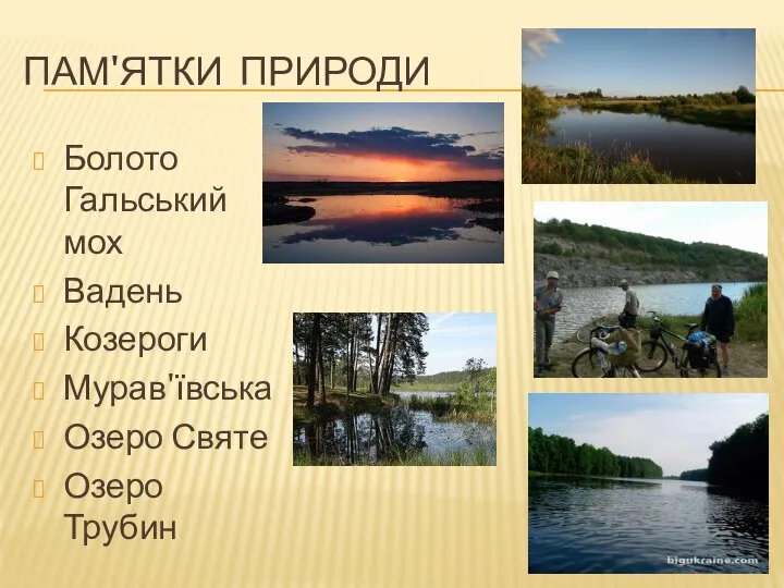 ПАМ'ЯТКИ ПРИРОДИ Болото Гальський мох Вадень Козероги Мурав'ївська Озеро Святе Озеро Трубин