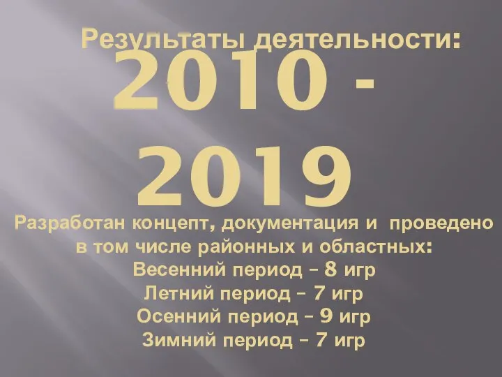 Результаты деятельности: 2010 - 2019 Разработан концепт, документация и проведено в