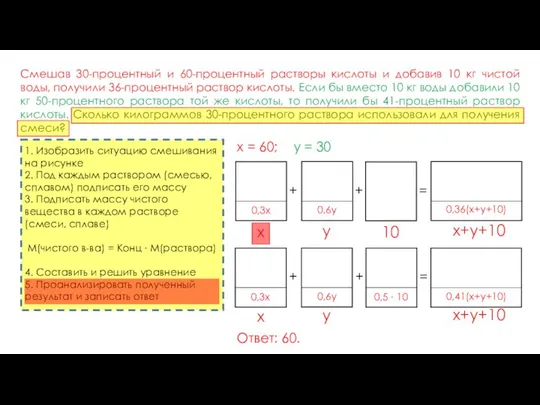 Смешав 30-процентный и 60-процентный растворы кислоты и добавив 10 кг чистой