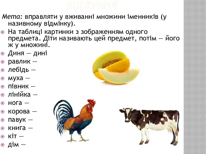 ВІДЛУННЯ Мета: вправляти у вживанні множини іменників (у називному відмінку). На