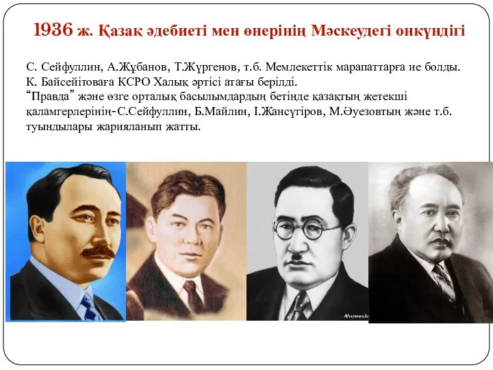 1936 ж. Қазақ әдебиеті мен өнерінің Мәскеудегі онкүндігі С. Сейфуллин, А.Жұбанов,