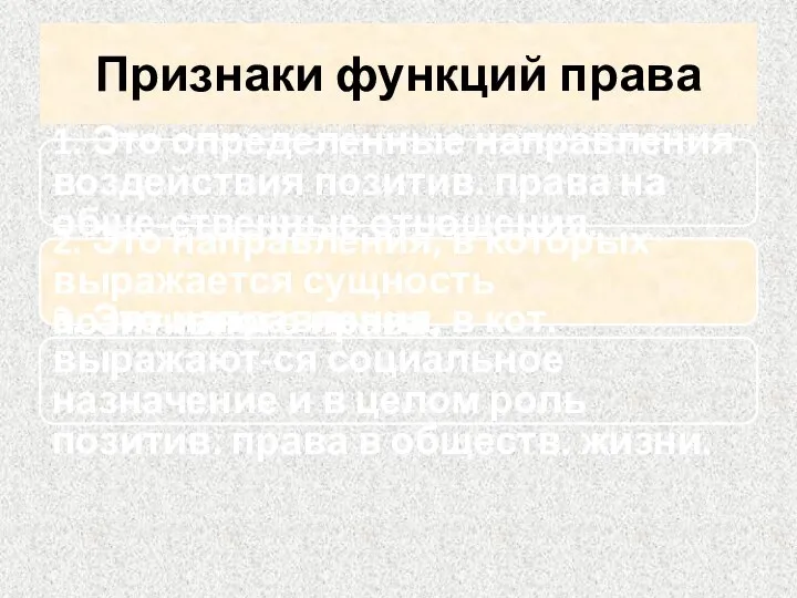 Признаки функций права 1. Это определенные направления воздействия позитив. права на