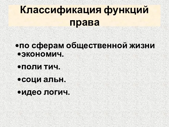 Классификация функций права по сферам общественной жизни экономич. поли тич. соци альн. идео логич.