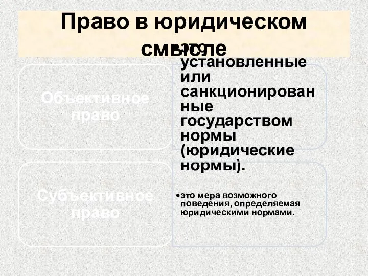 Право в юридическом смысле Объективное право это установленные или санкционированные государством