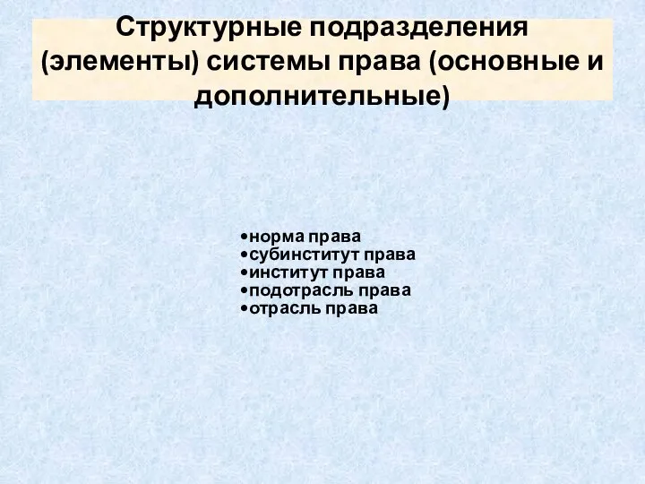 Структурные подразделения (элементы) системы права (основные и дополнительные) норма права субинститут