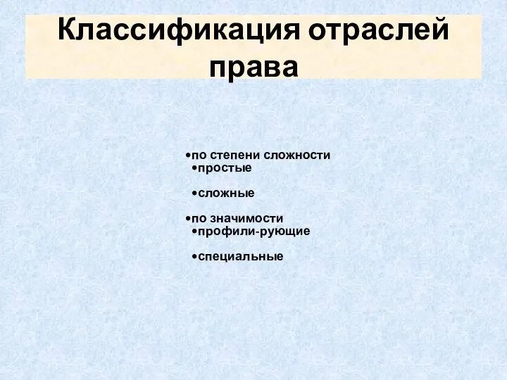 Классификация отраслей права по степени сложности простые сложные по значимости профили-рующие специальные