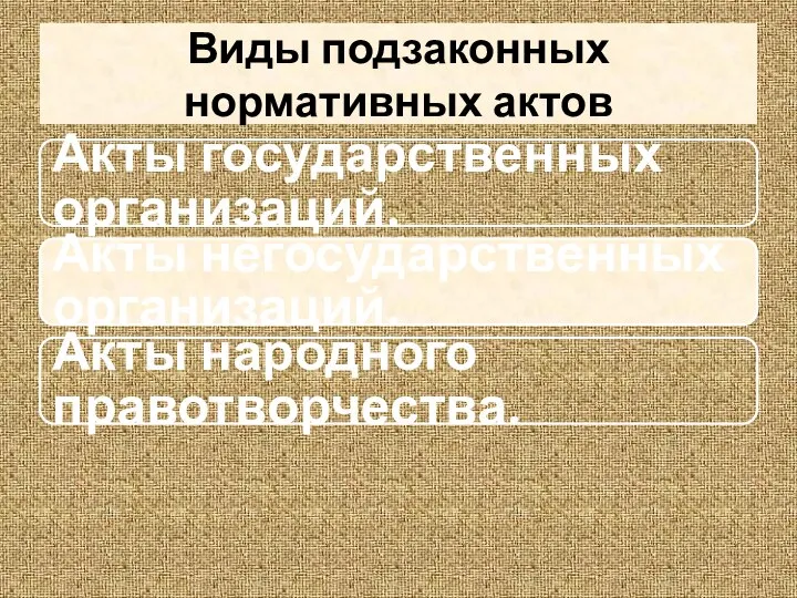 Виды подзаконных нормативных актов Акты государственных организаций. Акты негосударственных организаций. Акты народного правотворчества.