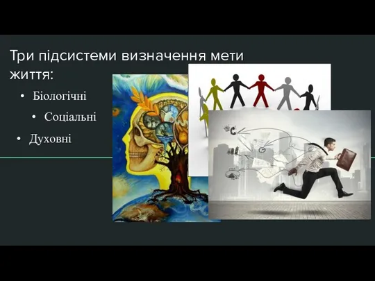 Три підсистеми визначення мети життя: Біологічні Соціальні Духовні