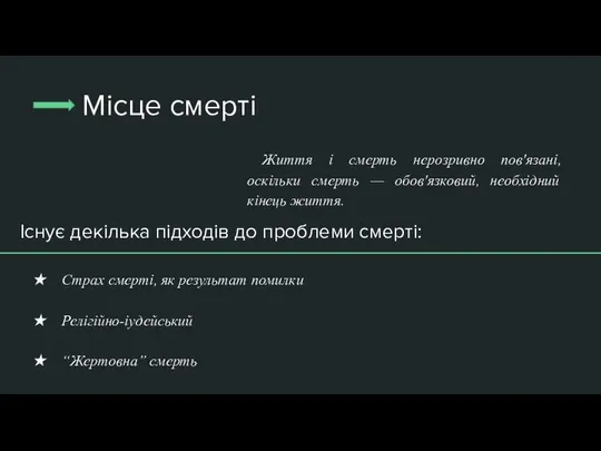 Місце смерті Існує декілька підходів до проблеми смерті: Життя і смерть